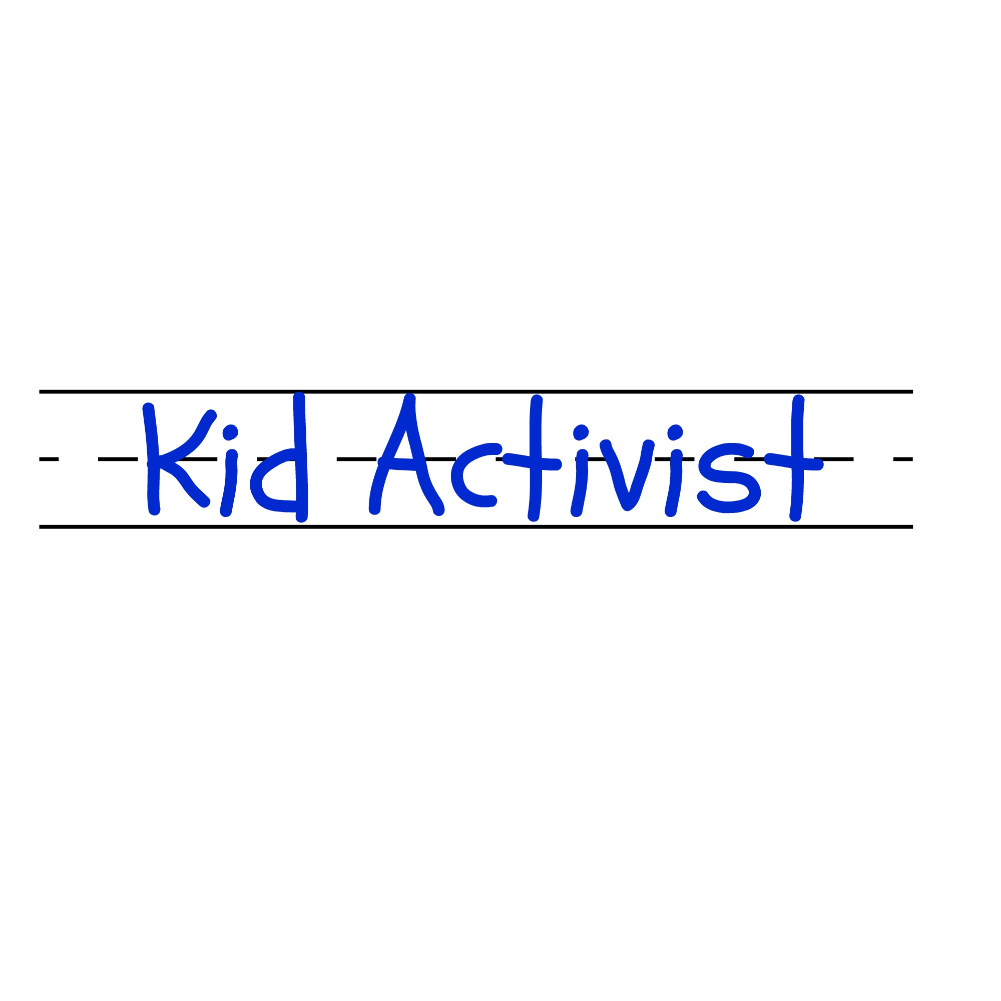 Text "Kid Activist" in blue on white background with black lines like elementary grade writing paper.